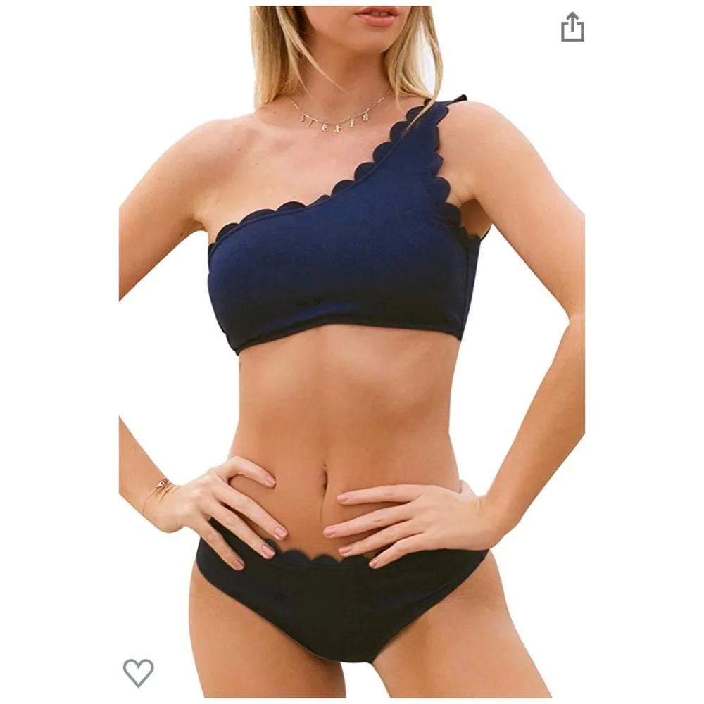New Cupshe Navy Wavy Edge One-Shoulder Bikini set size M